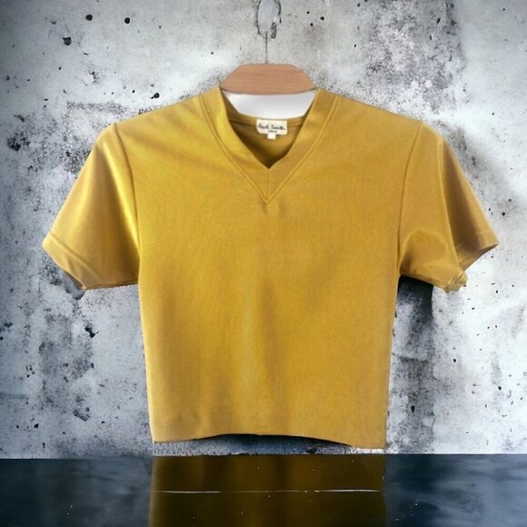 𝅺Paul Smith Yellow Micro Ribbed V Neck Cropped Stretch Knit Tee Size F ( Small) - Picture 1 of 6